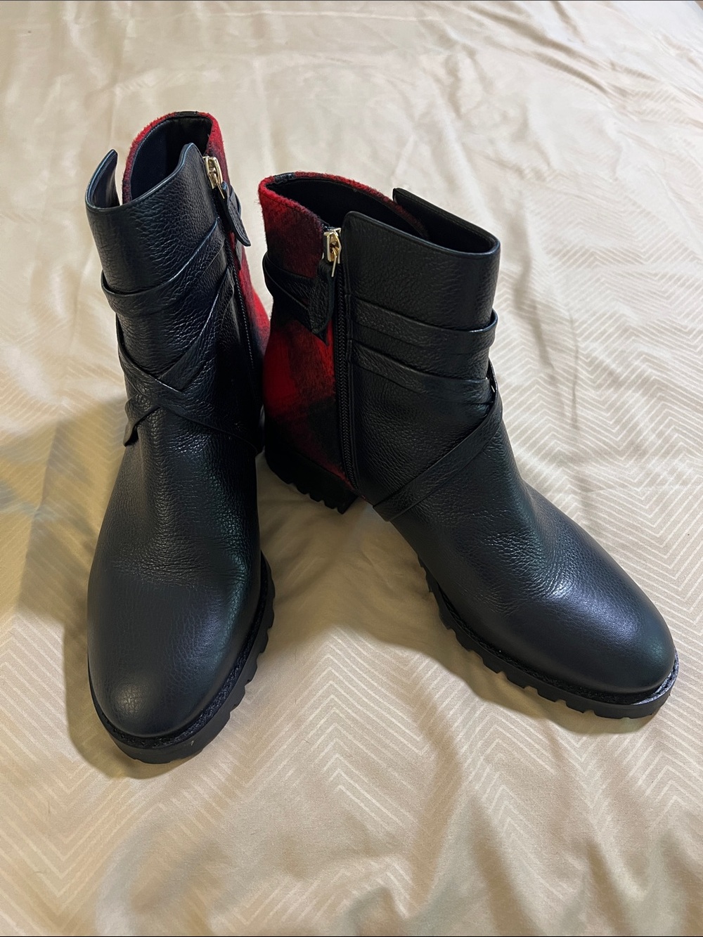 Talbots Black Ankle Booties with Red Plaid Panel Part Leather Never Worn